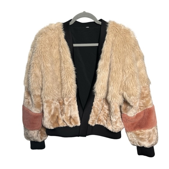 YFB Young Fabulous & Broke Faux Fur Pink Beige Fuzzy Paris Open Front Jacket - Picture 3 of 6